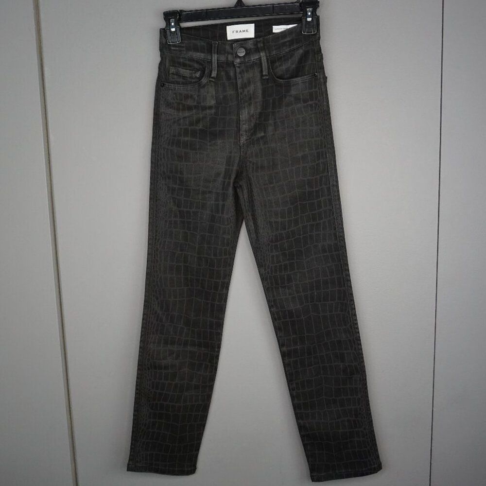 FRAME Women's Jeans Le Sylvie High Rise Slender Straight Noir Croc Coated sz 25